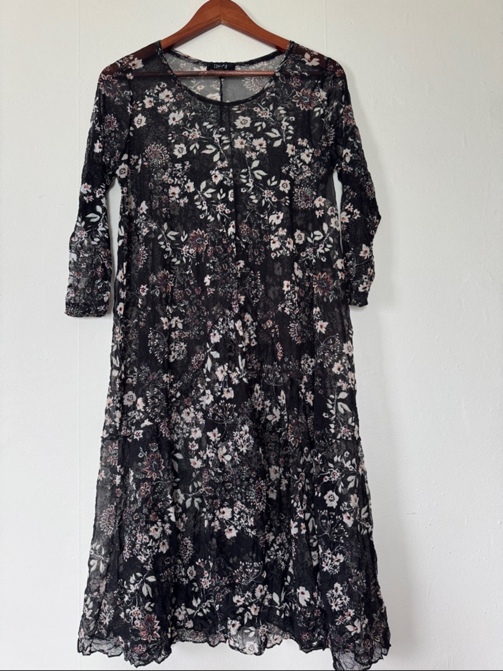 Floral Lace Tiered Sheer Midi Dress Black Floral